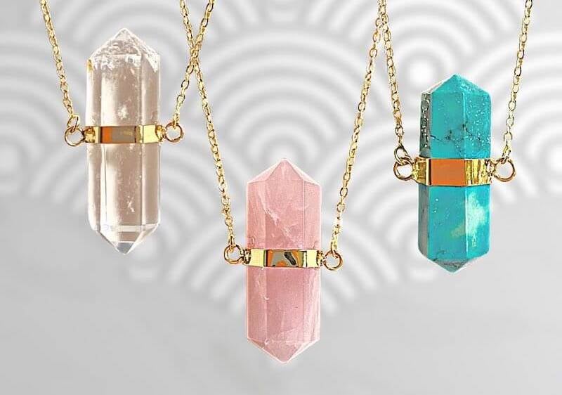 Rose quartz, clear quartz, and turquoise necklaces
